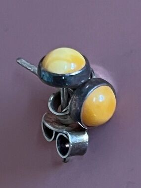 Yellow cloudy opaque amber Cabochon Silver Stud Earrings - Women Jewelry